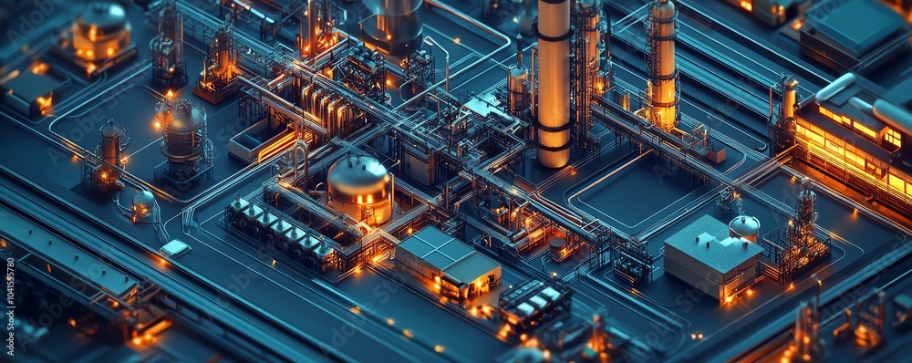 Comprehensive 3D isometric illustration showcasing a factory complex, railway systems, and pipeline layouts, all viewed from above on a dark backdrop Comprehensive 3D isometric illustration showcasing a factory complex, railway systems, and pipeline layouts, all viewed from above on a dark backdrop