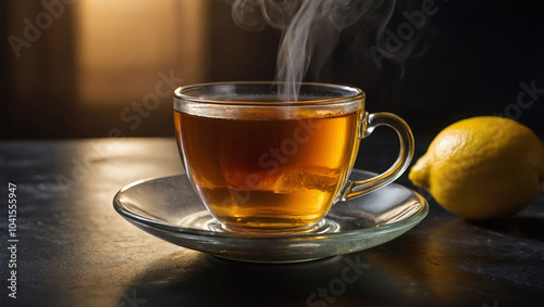 Steaming cup of tea with a slice of lemon, dramatically backlit to highlight the steam and the transparent amber liquid.