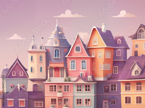 Generated cartoon art illustration of pastel colored houses closely adjacent to each other.