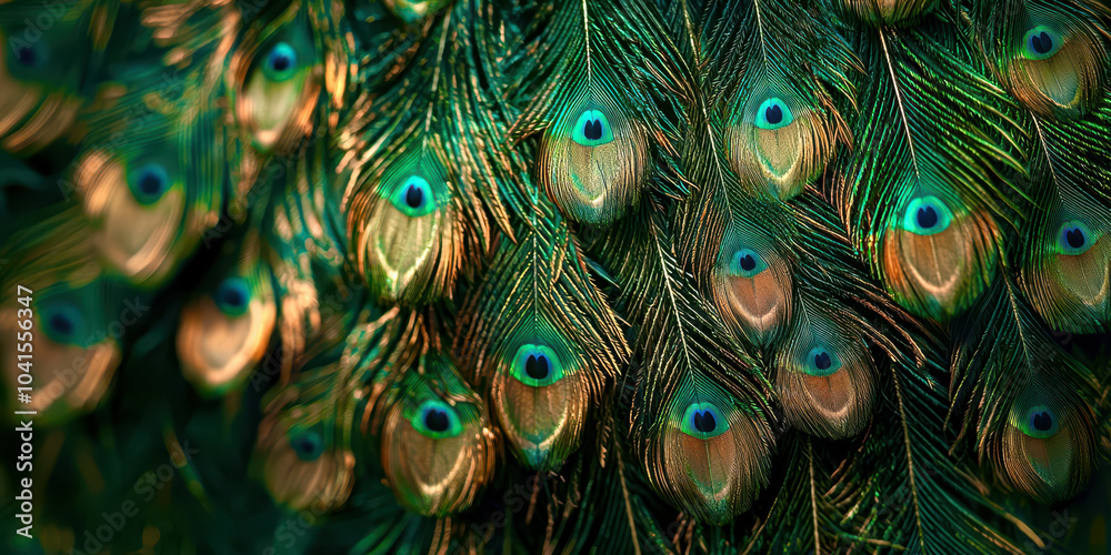 Obraz premium A close up of a peacock's feathers, with a mix of green and gold colors