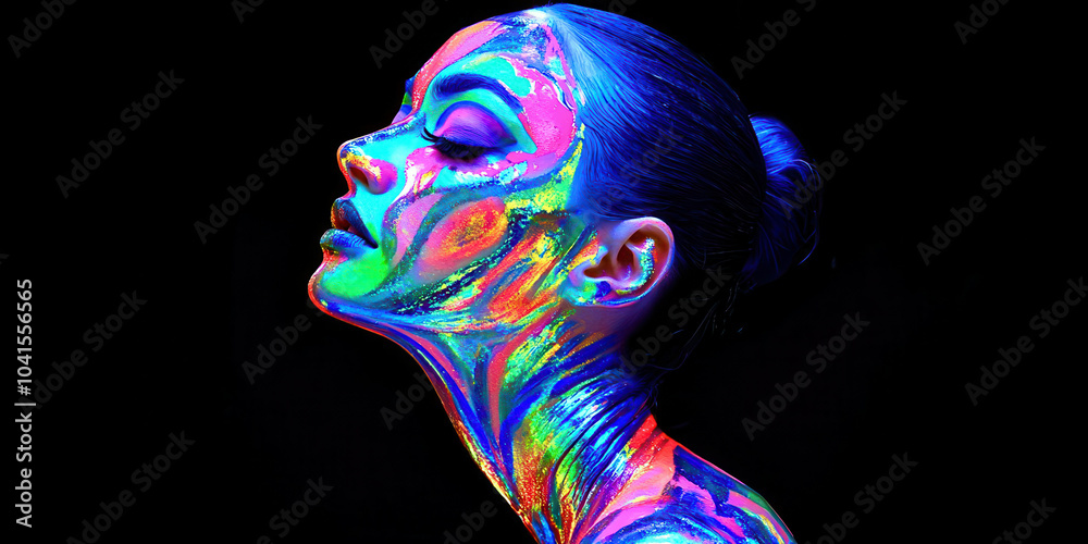 A woman's face is painted with neon colors A woman's face is painted with neon colors