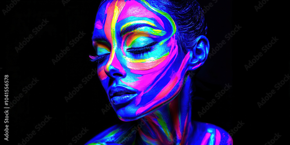 A woman's face is painted with neon colors A woman's face is painted with neon colors