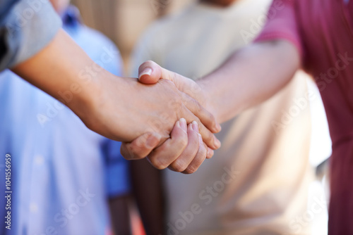 Business, people and welcome with handshake at office for deal, agreement and partnership. Closeup, employees and greeting on meeting with achievement for teamwork, collaboration and company merge