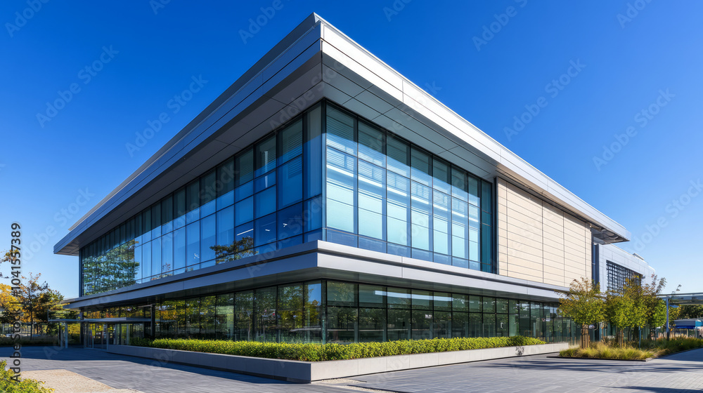 A sleek smart building equipped with advanced technology, featuring automated systems and energy-efficient design, set against a clear blue sky A sleek smart building equipped with advanced technology, featuring automated systems and energy-efficient design, set against a clear blue sky