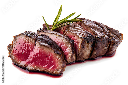 Close up shot of sliced venison steak with riffles isolated on white background