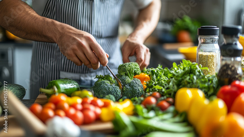 A specialty cook preparing a vibrant vegan meal in a modern kitchen, featuring fresh produce and innovative cooking techniques