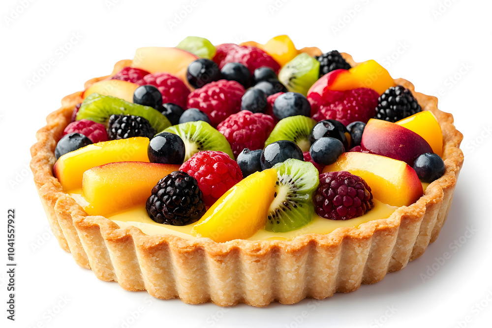 Fresh fruit tart topped with cream and fresh berries isolated on white background Fresh fruit tart topped with cream and fresh berries isolated on white background