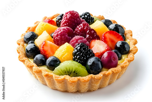 Fresh fruit tart topped with cream and fresh berries isolated on white background