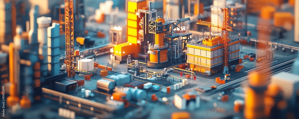 Naklejka premium 3D illustration showcasing an industrial project, featuring detailed machinery, cranes, and structures set against an expansive construction site backdrop