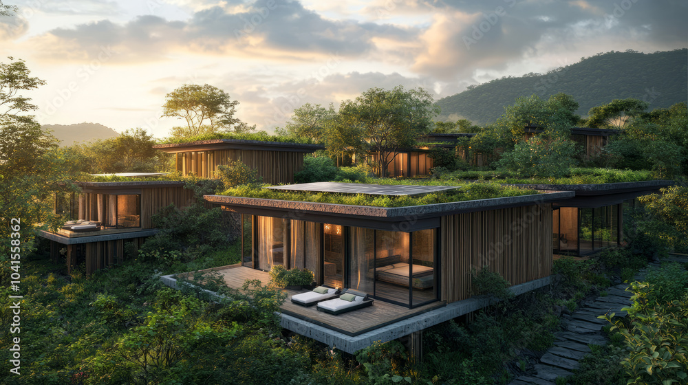 A sustainable accommodation in the heart of nature, showcasing a solar-powered eco-lodge with green rooftops, surrounded by untouched landscapes, promoting eco-conscious living A sustainable accommodation in the heart of nature, showcasing a solar-powered eco-lodge with green rooftops, surrounded by untouched landscapes, promoting eco-conscious living
