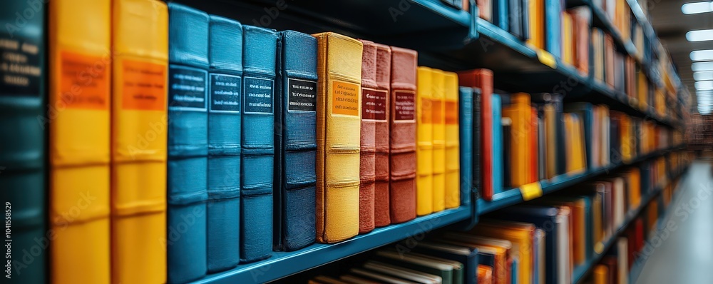 Fototapeta premium Library with rows of colorful bookshelves, with motion blur creating the illusion that the books can appear shiny and glowing in bright colors, creating an atmosphere of modernity and innovation.