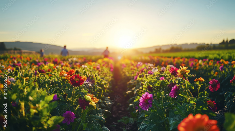 Fototapeta premium A sustainable flower farm set in a picturesque countryside, with farmers tending to rows of colorful, organic flowers under the sun