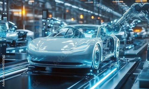  automotive precision robotic arms assemble sleek electric vehicles on hightech production line holographic displays monitor progress