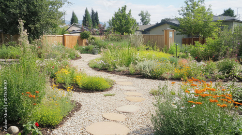 A sustainable landscape featuring native plants, eco-friendly pathways, and a rainwater catchment system for irrigation