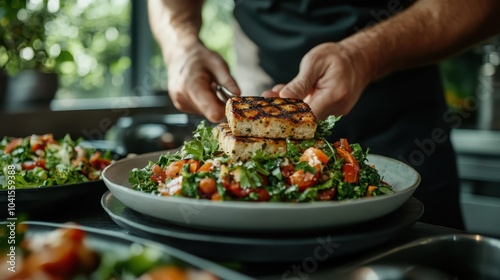 Hands of a chef finishing a gourmet dish, layering a perfectly grilled cheese chunk over a vibrant salad, showcasing skill, freshness, and delectable presentation.