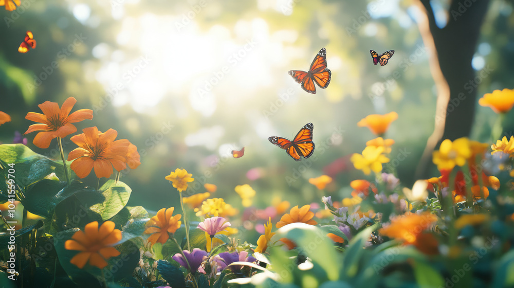 A vibrant butterfly garden filled with nectar-rich plants and colorful blooms, with butterflies flitting around in the bright sunlight A vibrant butterfly garden filled with nectar-rich plants and colorful blooms, with butterflies flitting around in the bright sunlight