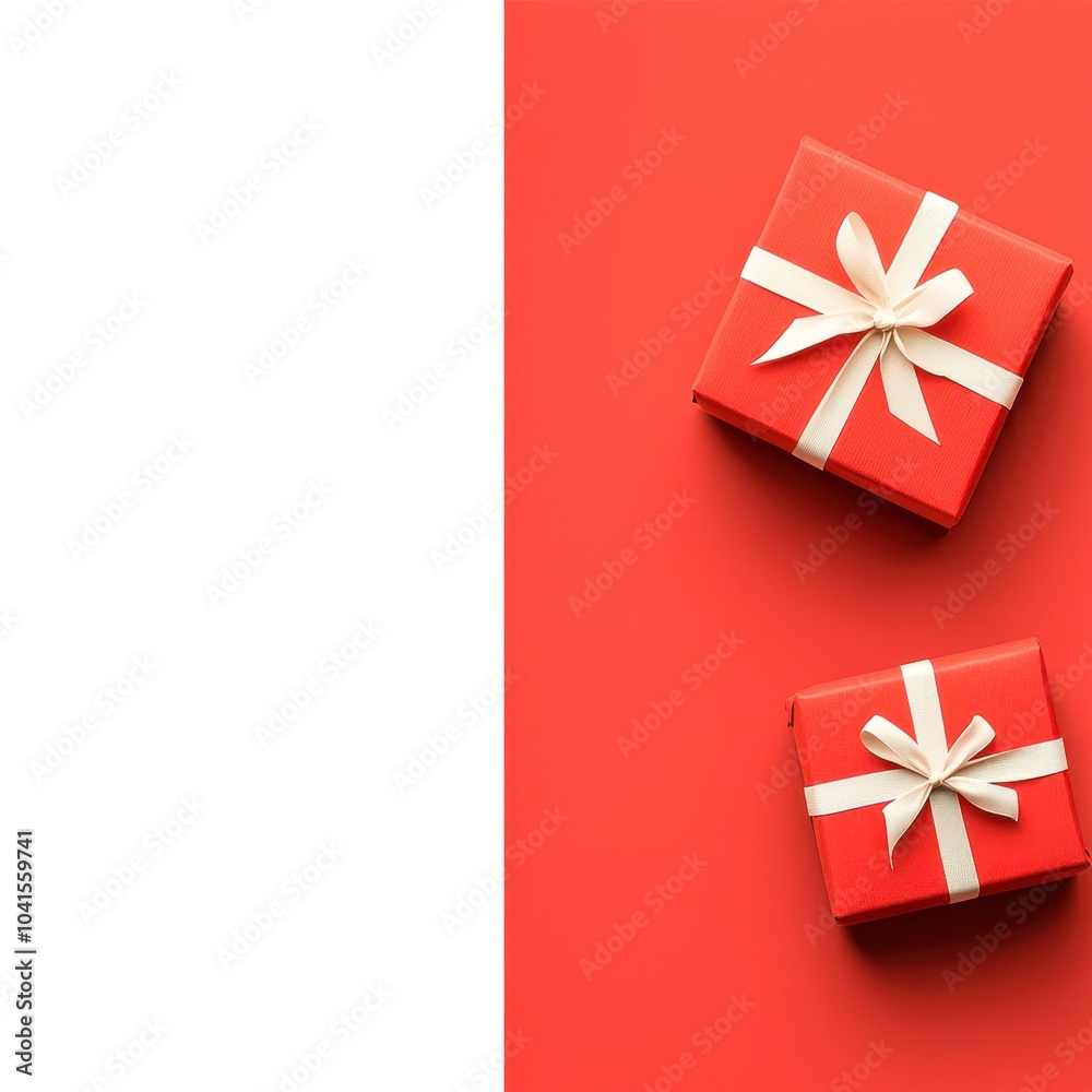 Two red gift boxes with white ribbons set against a solid red background, creating a festive and cheerful atmosphere. Two red gift boxes with white ribbons set against a solid red background, creating a festive and cheerful atmosphere.