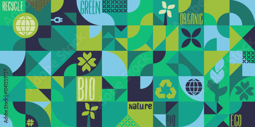 Bio seamless pattern for ecological social projects. Green renewable energy. Template for eco packaging with green flowers, text. Vector natural style banner, mosaic of geometric white shapes pattern.