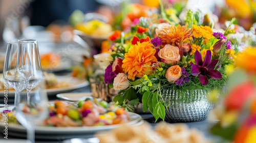 Wallpaper Mural A vibrant edible flower arrangement displayed at a gourmet dining table, featuring colorful flowers carefully arranged alongside culinary dishes Torontodigital.ca