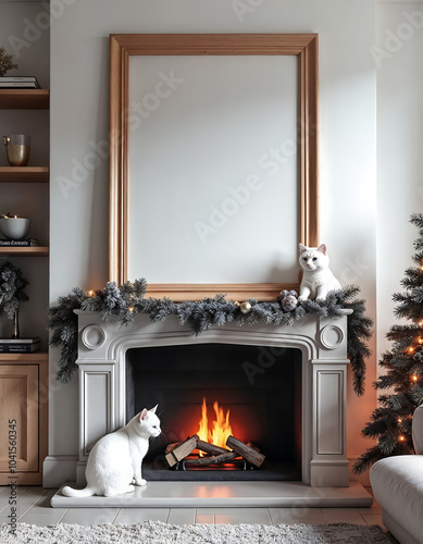 Cozy Fireplace with Cats and Festive Decor - Warm Christmas Scene, Holiday Interior Design, Winter Home Decor