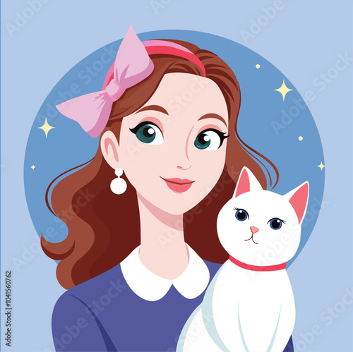A woman with long brown hair, a pink ribbon headband, big green eyes, a blue dress, carries a white cat. They are charming and cute for both cats and women.Vector background pattern.