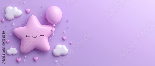 Cute Pink Star with Balloon and Hearts on Purple Background.