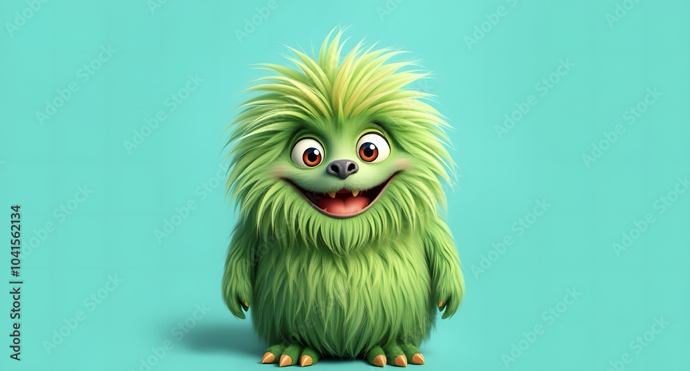 Funny fluffy green monster on a turquoise background. Joyful and fluffy little monster. Cute yeti. Halloween character. Funny fluffy green monster on a turquoise background. Joyful and fluffy little monster. Cute yeti. Halloween character.