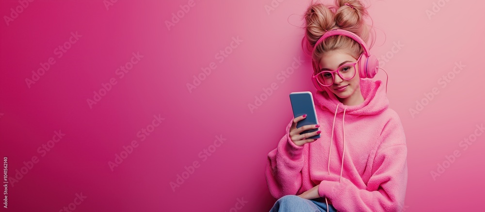Cute Stylish girl with headphones holds a phone , with copy space, Minimalist style Cute Stylish girl with headphones holds a phone , with copy space, Minimalist style