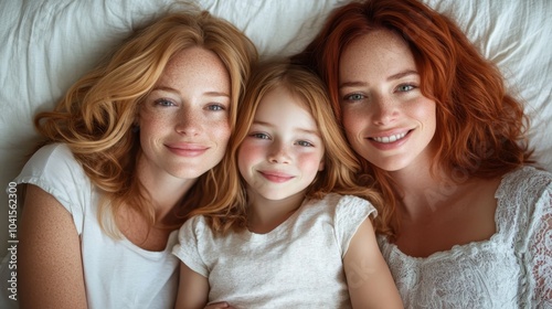 The image features two women and a child laying on a bed, radiating warmth and happiness. Their expressions convey a sense of familial love and contentment.