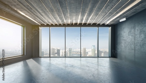 SImple empty concrete gallery interior with window and city view, mock up place on walls and daylight. Museum concept. 3D Rendering.