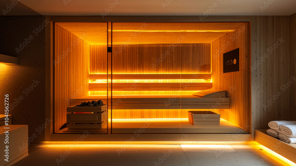 A modern sauna with wooden walls and glass doors, lit by warm yellow lights. A modern sauna with wooden walls and glass doors, lit by warm yellow lights.