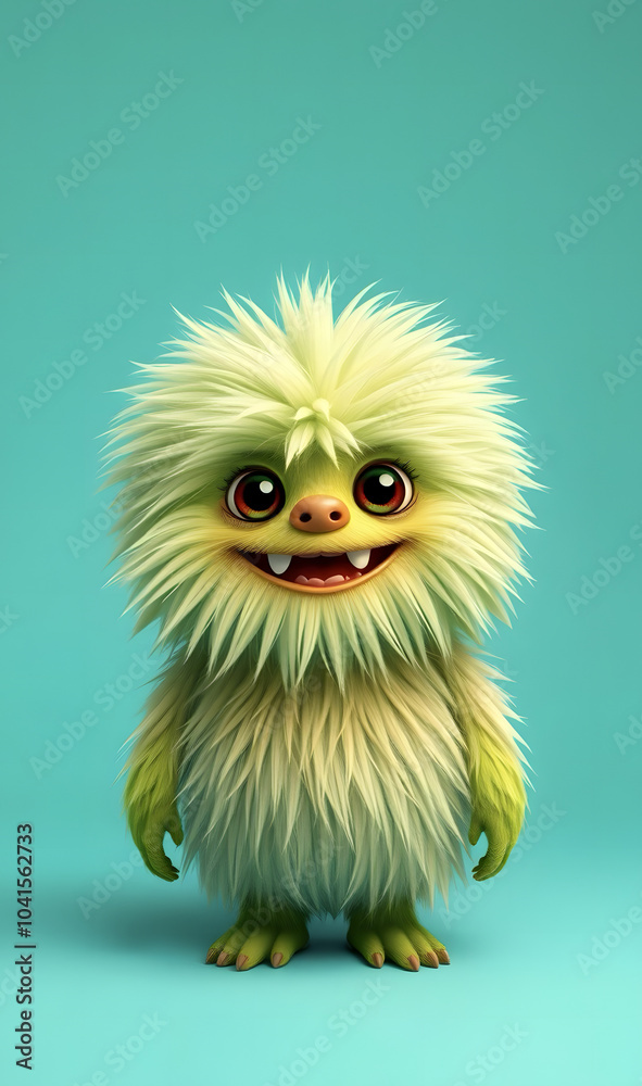 Funny fluffy green monster on a turquoise background. Joyful and fluffy little monster. Cute yeti. Halloween character. Funny fluffy green monster on a turquoise background. Joyful and fluffy little monster. Cute yeti. Halloween character.