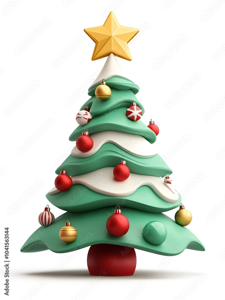 Cute 3d model of Christmas fir tree with decoration isolated on white background