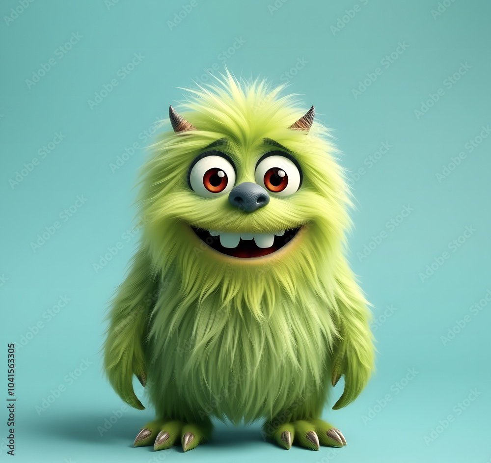 Funny fluffy green monster on a turquoise background. Joyful and fluffy little monster. Cute yeti. Halloween character.
