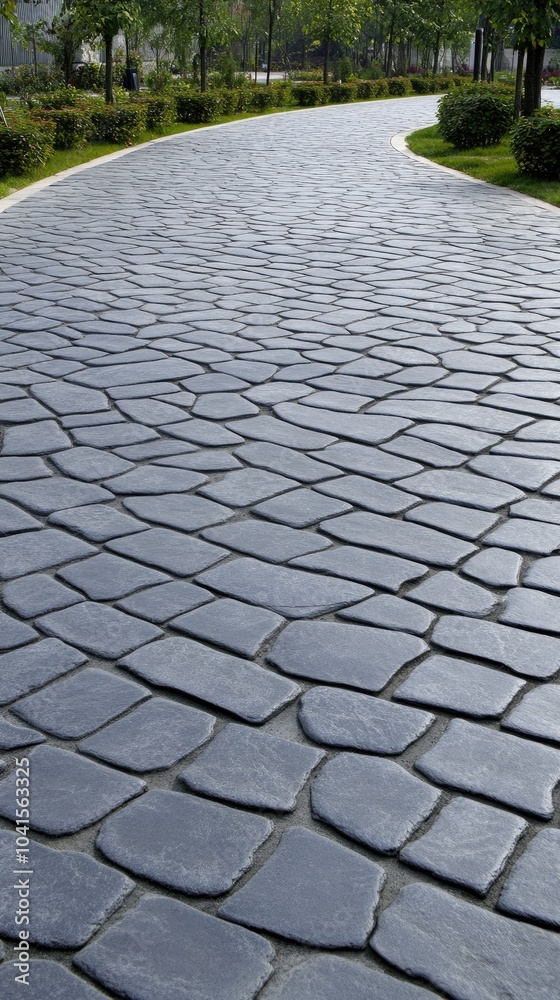 Fototapeta premium A beautifully formed cobblestone pathway curves gracefully through a vibrant garden by a contemporary home surrounded by lush greenery