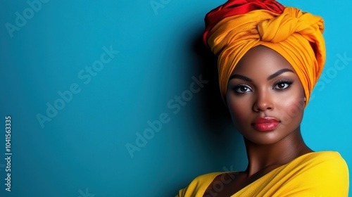 An elegant woman poses gracefully, wearing a vibrant yellow headwrap against a bold blue background, radiating confidence and cultural expression with stylish flair. photo