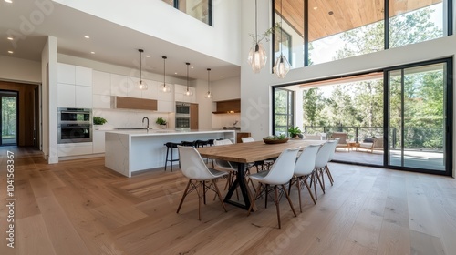 A spacious and modern open-plan kitchen and dining area with wooden floors, featuring large windows offering a stunning view of greenery, blending style and functionality. photo