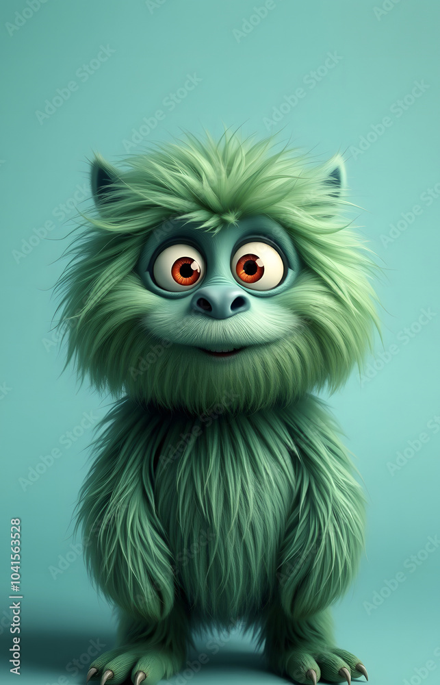 Funny fluffy green monster on a turquoise background. Joyful and fluffy little monster. Cute yeti. Halloween character. Funny fluffy green monster on a turquoise background. Joyful and fluffy little monster. Cute yeti. Halloween character.