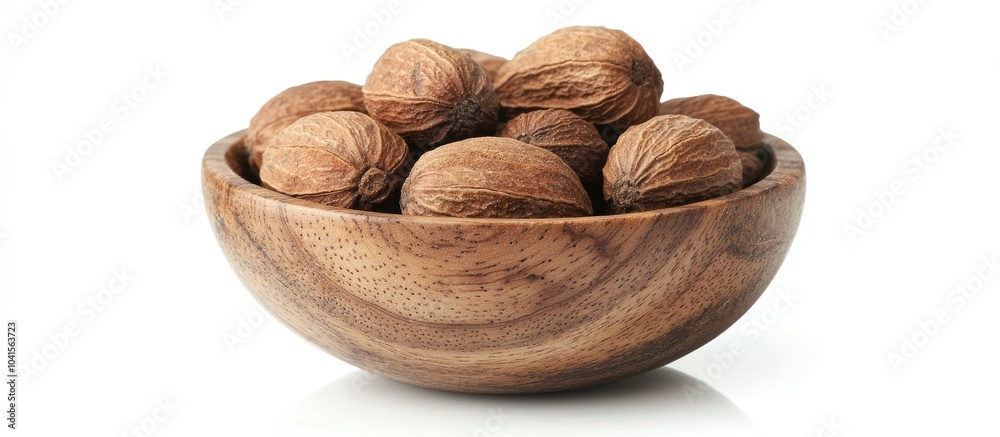 Nutmeg In A Wooden Bowl Isolated On White Nutmeg In A Wooden Bowl Isolated On White