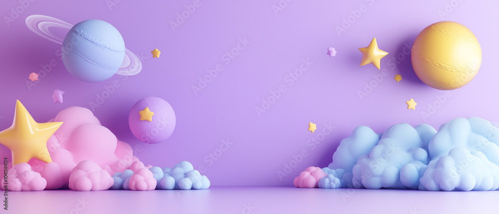 3D Cartoon Planets and Clouds on Purple Background.