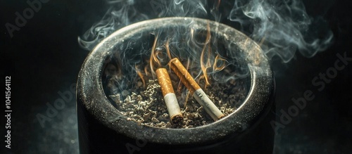 Cigarettes Smoke And Old Cigarette Lighting Garbage Bin And Trash Bin Dirty On Cigarette Ashtray Table Ashtray Cigarette Black Background