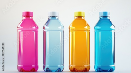 Four water bottles in different colors arranged in a row