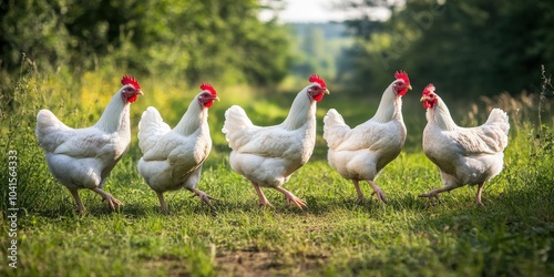 Broilers: Free-range Chicken in Outdoor Garden at Poultry Farm