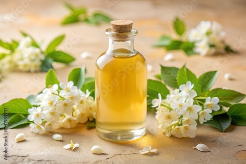 A Glass Bottle of Yellow Liquid with White Flowers and Green Leaves on a Light Beige Surface