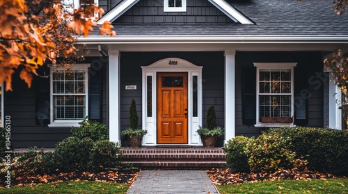 Charming autumn scene of a cozy dark gray house with white trim, featuring a welcoming orange front door and porch framed by colorful fall foliage and scattered leaves. photo