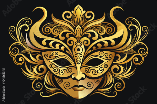 Ornate Golden Venetian Mask for Masquerade Ball. golden venetian mask for night party club