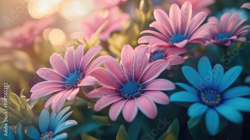 Vibrant pink and blue daisies flourishing in a sunlit garden