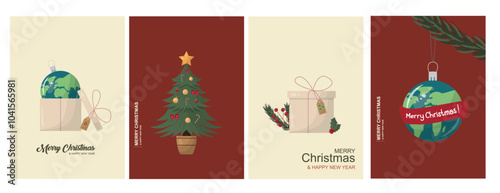 Sustainable Christmas Card Set with Global Themes. Collection of eco-friendly Christmas cards. Earth-themed ornaments. Sustainability in holiday celebrations. Vector illustration photo