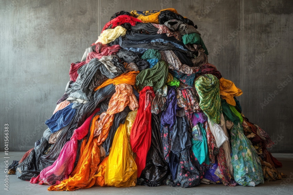 Fototapeta premium Mountains of garbage, fashionable clothes and plastic. Illustration on the theme of ecology and sustainable consumption. Buy Nothing Day.