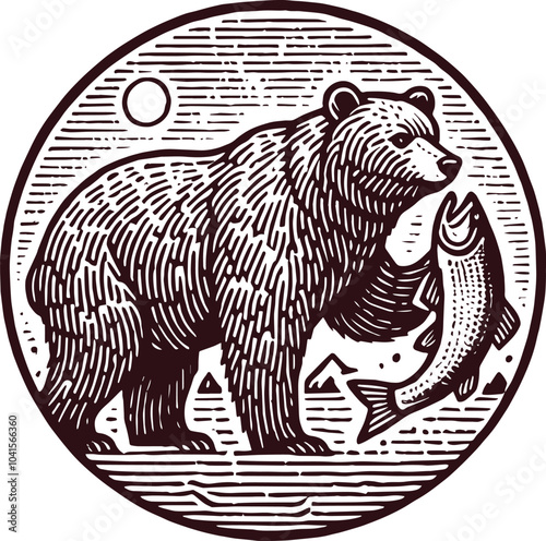 bear caught fish engraving style hand drawn vector emblem